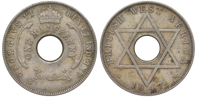 Британская Западная Африка 1/2 пенни 1947 Георг VI KM 18 медно-никель 25-2356