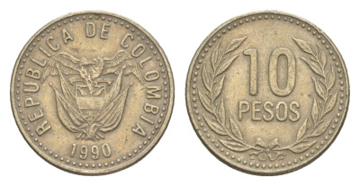 Колумбия 10 песо 1990 KM 281 медь цинк никель 4613-231