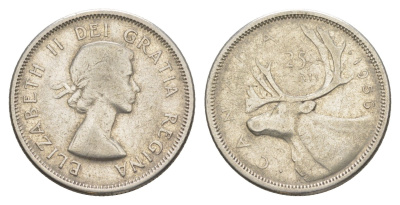 Канада 25 центов 1956 Елизавета II (1952-2022), олень KM 52 серебро 4631-857