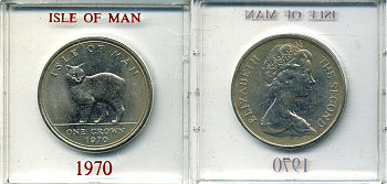 Остров Мэн 1 крона 1970 кошка Мэна, в оригинальной пластиковой коробке KM 18 медно-никель UNC 6-6-1-38