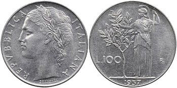 Италия 100 лир 1957 R, Афина в доспехах KM 96.1 нержавеющая сталь 4165-142