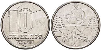 Бразилия 10 крузейро 1990 золотодобыча KM 619.1 нержавеющая сталь 3996-833