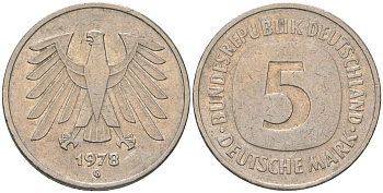 ФРГ 5 марок 1978 G KM 140.1 медно-никель 4557-845