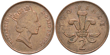 Великобритания 2 пенса 1994 Елизавета II (1952-2022) KM 936а, Spink 4386 (C4) сталь плакированная медью 85-1123