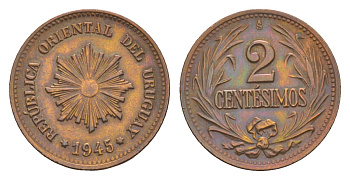 Уругвай 2 сентесимо 1945 KM 20a медь цинк 4649-754
