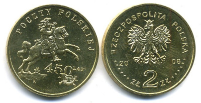 Польша 2 злотых 2008 450 лет польской почтовой службе KM 656 латунь UNC M6-11