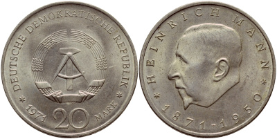 ГДР 20 марок 1971 А, 100 лет со дня рождения Генриха Манна (1871-1950) KM 33, J. 1531 медно-никель aUNC 1523-112