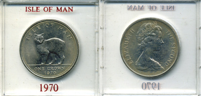 Остров Мэн 1 крона 1970 кошка Мэна, в оригинальной пластиковой коробке KM 18 медно-никель UNC 6-6-1-38