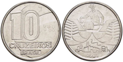 Бразилия 10 крузейро 1990 золотодобыча KM 619.1 нержавеющая сталь 3996-833