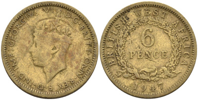 Британская Западная Африка 6 пенсов 1947 Георг VI (1936-1952) KM 22 никель-латунь 4588-718