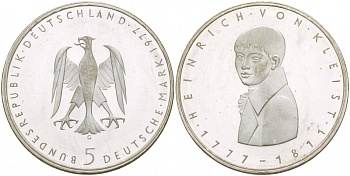 ФРГ 5 марок 1977 G, 200 лет со дня рождения Генриха фон Клейста KM 146, J. 421 серебро UNC 4545-1126