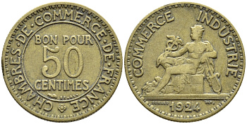 ФРАНЦИЯ 50 САНТИМОВ 1924 KM 834 алюминиевая бронза 4392-737