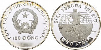 Вьетнам 100 донг 1989 Чемпионат мира по футболу в Италии 1992 года, игрок KM 30 серебро PROOF 1071-10-24