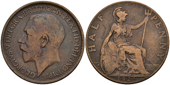 Великобритания 1/2 пенни 1921 Георг V (1910-1936) KM 809, Spink 4056 бронза    4603-855