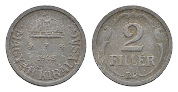 Венгрия 2 филлера 1943 BP KM 519 цинк 4665-521