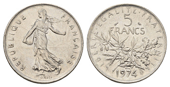 Франция 5 франков 1974 сеятель KM 926a медно-никель плакированная никелем 81-1043
