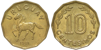 Уругвай 10 сентесимо 1981 KM 66 алюминиевая бронза 4169-546