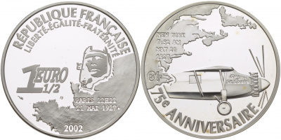 Франция 1 1/2 евро 2002 75 лет перелету Линдберга, Париж - Нью-Йорк, 20 мая 1927 года, самолет KM 1310 серебро PROOF 00-00