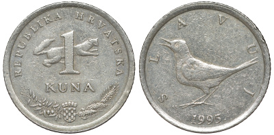 Хорватия 1 куна 1995 западный соловей, легенда на хорватском KM 9.1 медно-никель 219-712