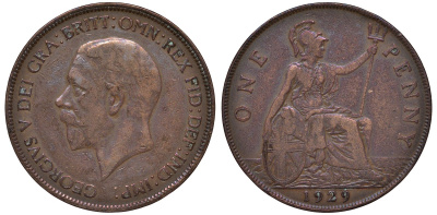 Великобритания 1 пенни 1929 Георг V (1910-1936) KM 838, Spink 4055 бронза 4131-415
