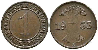 ГЕРМАНИЯ 1 РЕЙХСПФЕННИГ 1933 A KM 37, J. 313 бронза 4380-1235