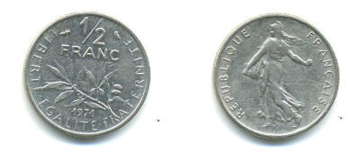 ФРАНЦИЯ 1/2 ФРАНКА 1971 KM 931.1 никель 25-845