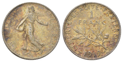 Франция 1 франк 1919 KM 844 серебро 4622-1122
