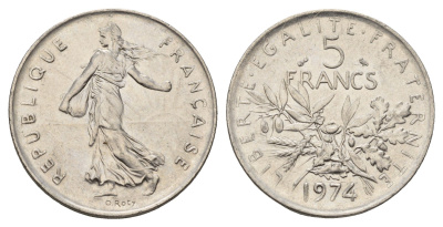 Франция 5 франков 1974 сеятель KM 926a медно-никель плакированная никелем 81-1043