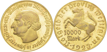 Германия, Вестфалия 10000 марок 1923 Штейн, лошадь, 44,5 мм J. N 20 а медь цинк 1519-1224