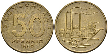 ГДР 50 пфеннигов 1950 А, фабрика KM 4 алюминиевая бронза 4575-524
