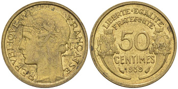 ФРАНЦИЯ 50 САНТИМОВ 1939 ТИП MORLON KM 894.1, LE FRANC 192.15 алюминиевая бронза 44-821