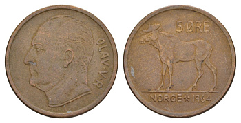 Норвегия 5 эре 1964 Улаф V (1957-1991) KM 405 бронза 4635-611