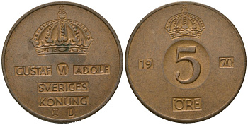 Швеция 5 эре 1970 U, Густав VI Адольф (1950-1973) KM 822 бронза 4620-414