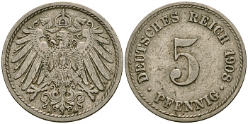 Германия 5 пфеннигов 1908 A KM 11, Jager 12, Weege 6 медно-никель 4364-4557