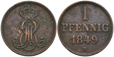 Ганновер 1 пфенниг 1849 B, Эрнст Август (1837-1851) KM 201.1, AKS 129, J. 74 медь 4608-1031