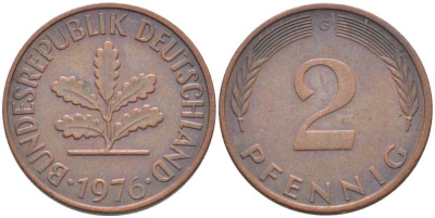 ФРГ 2 ПФЕННИГА 1976 G KM 106a, J. 381a сталь плакированная сталь плакированная медьюю 116-332