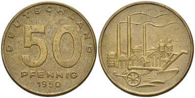 ГДР 50 пфеннигов 1950 А, фабрика KM 4 алюминиевая бронза 4575-524