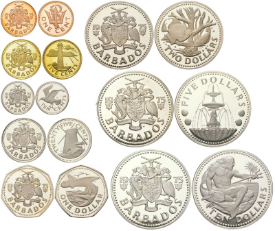 Барбадос полный набор из 8 монет (1, 5, 10 и 25 центов; 1, 2, 5 и 10 долларов) 1976 10 лет независимости KM (19-24, 25a, 26a) серебро и другие металлы PROOF 5-4-4-02