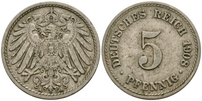 Германия 5 пфеннигов 1908 A KM 11, Jager 12, Weege 6 медно-никель 4364-4557