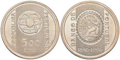 Португалия 500 эскудо 1996 INCM, 150 лет банку Португалии KM 702 серебро  UNC  4587-646