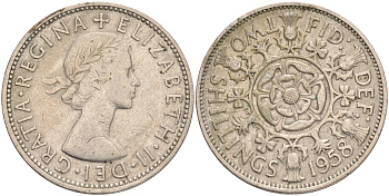 Великобритания 2 шиллинга (флорин) 1958 Елизавета II (1952-2022) KM 906, Spink 4146 медно-никель 189-635