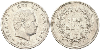 Португалия 200 реалов 1903 Карлуш I (1889-1908), редкий год KM 534 серебро 272-1544