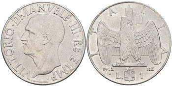 ИТАЛИЯ 1 ЛИРА 1942 R, ГОД XX, ВИКТОР ЭММАНУИЛ III (1900-1946) KM 77b, VEM3. 1102 нержавеющая сталь 3855-512
