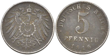 ГЕРМАНИЯ 5 ПФЕННИГОВ 1918 A KM 19, J. 297, Weege 5 железо 206-714