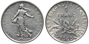 Франция 1 франк 1960 сеятель KM 925.1, Le Franc 226.5 никель 4128-417