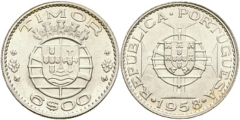 Португальский Тимор 6 эскудо 1958 год тип KM 15 серебро aUNC 4364-1641