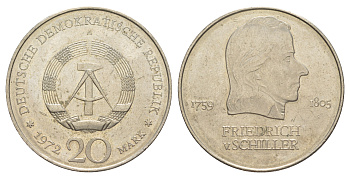 ГДР 20 марок 1972 A, Фридрих Шиллер (1759-1805) KM 40 медно-никель 4634-111