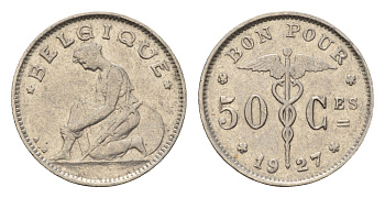 Бельгия 50 сантимов 1927 Belgique, Альберт I (1910-1934) KM 87 никель 4611-266