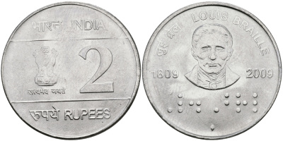 Индия 2 рупии 2009 200 лет Луи Брайлю KM NEW медно-никель UNC 95-211