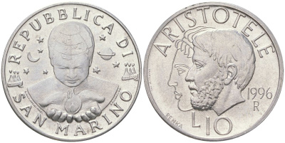 Сан-Марино 10 лир 1996 Аристотель KM 352 алюминий UNC 4148-725